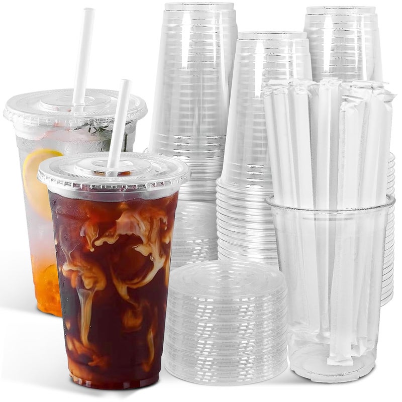 Ginkgo 100Pack 20oz Clear Plastic Iced Coffee Cups with Lids and Straws Disposable To Go Cups for Smoothies Milkshake Cold Beverages Coffee Bar Accessories